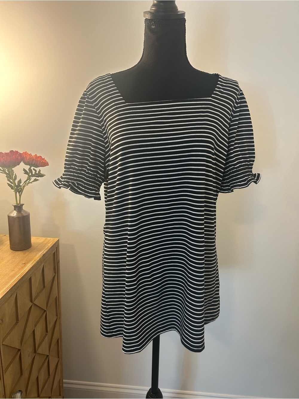 WIHOLL Black White Striped Square Neck Puff Sleeve Top Large